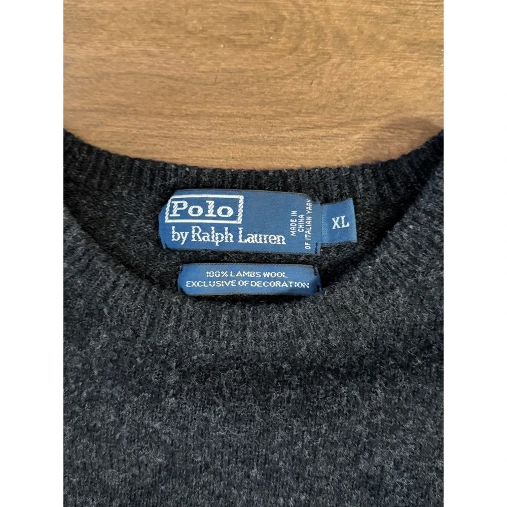 Polo Ralph Lauren Mens XL Lambswool Crewneck Sweater Charcoal Gray Purple Pony